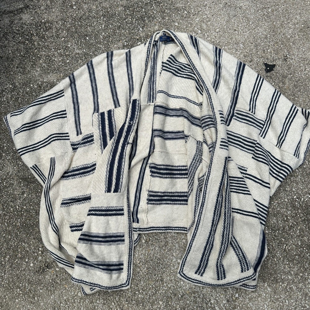 Polo Ralph Lauren Striped Open Front Cardigan Wrap Navy Cream Cotton Linen OS